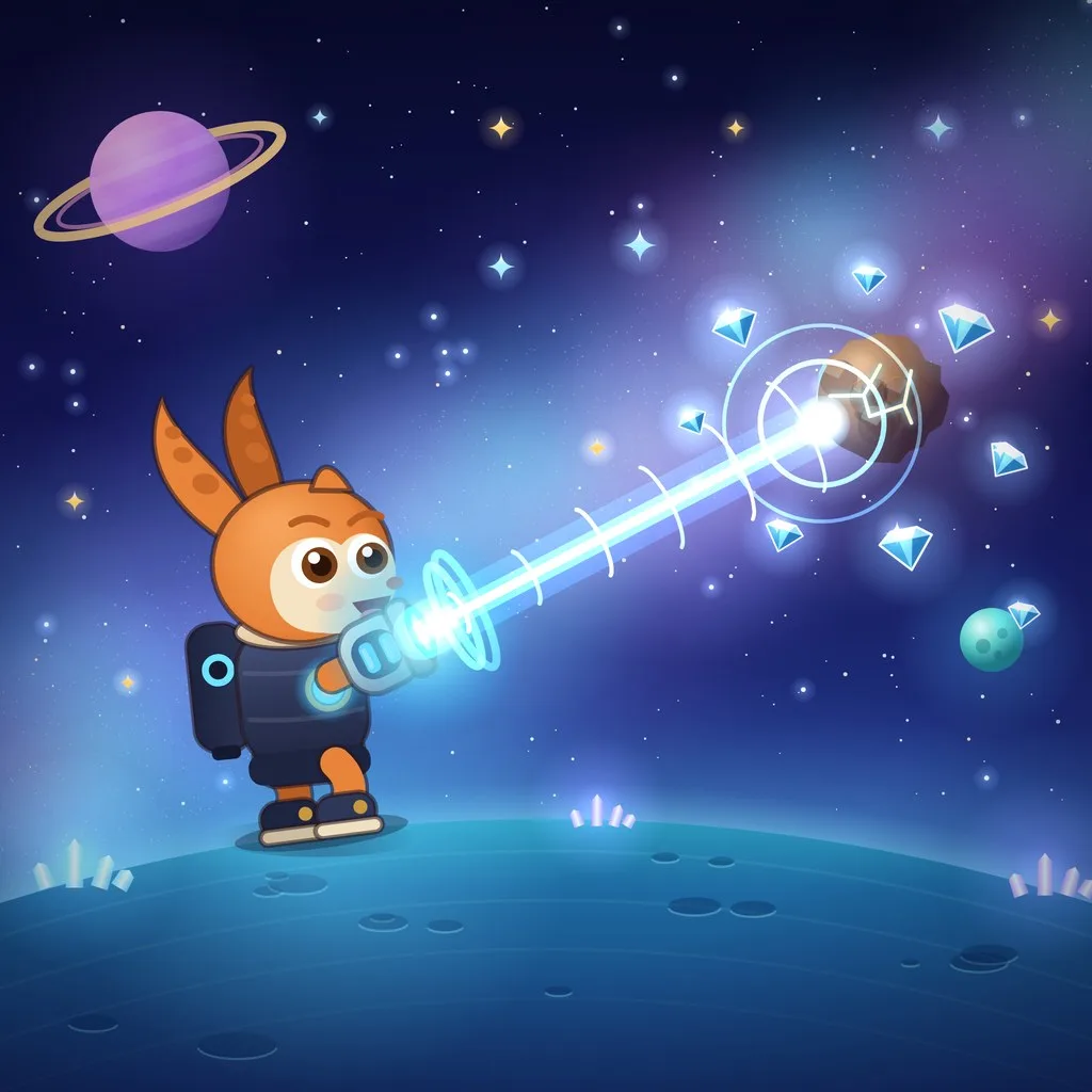 Kaiku, oranssi pitkäkorvainen avaruusolento, ampuu säteellä asteroidia tähtitaivaan alla.